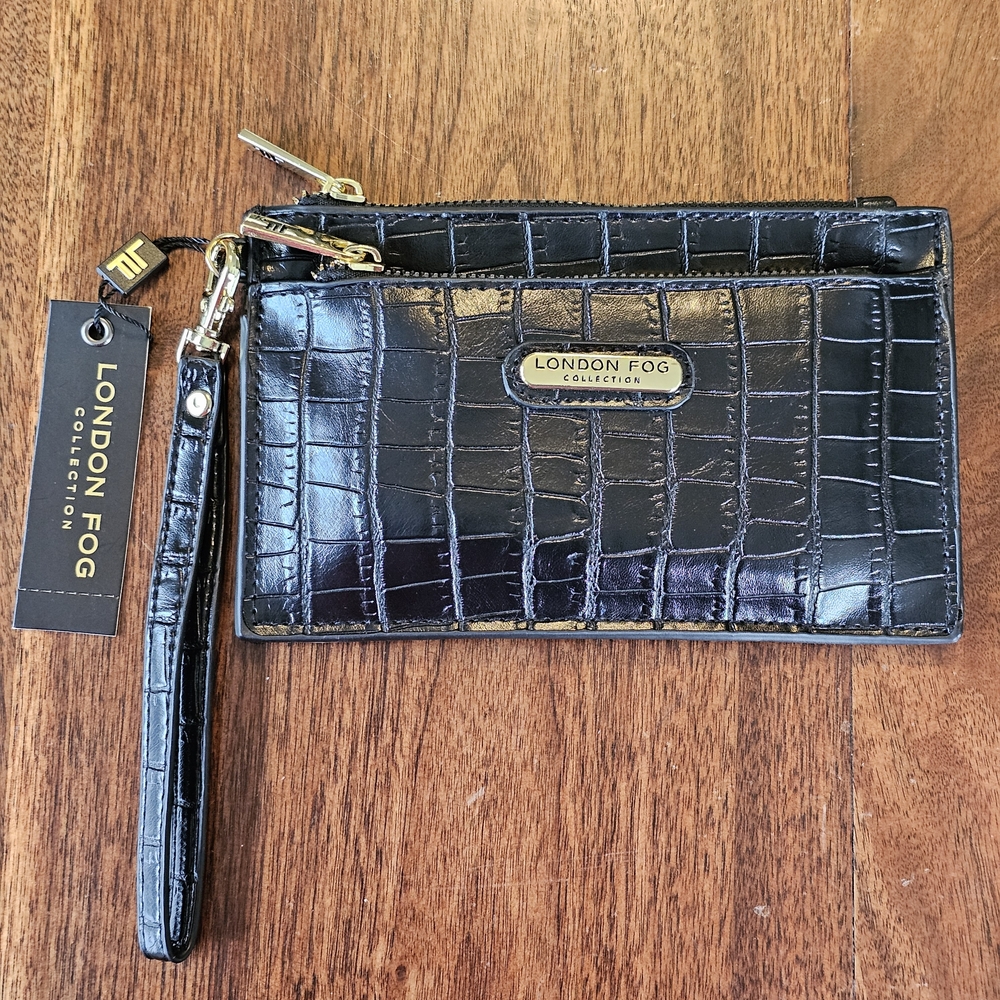 London Fog Danica Croco Double Pouch wristlet wallet in black with gold accents